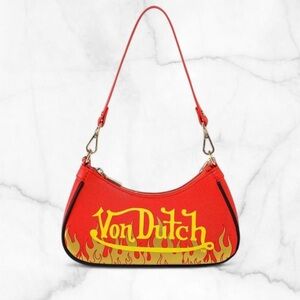 Von Dutch Y2K Red Shoulder Bag – Gold Flames, Yellow Logo, Removable Chain